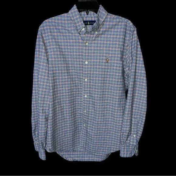 Ralph Lauren Long Sleeve Button Down M Blue Red White Plaid Flesh Pony‎ Preppy - Picture 1 of 12